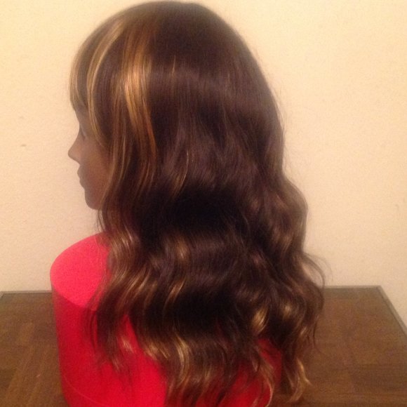 Medium Length Brown with Highlights Synthetic Wig - Picture 5 of 9